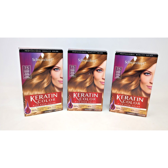 Lot Of 3 Schwarzkopf Keratin Rich Even Hair Color 7.5 CARAMEL BLONDE AntiBreak - Picture 1 of 3